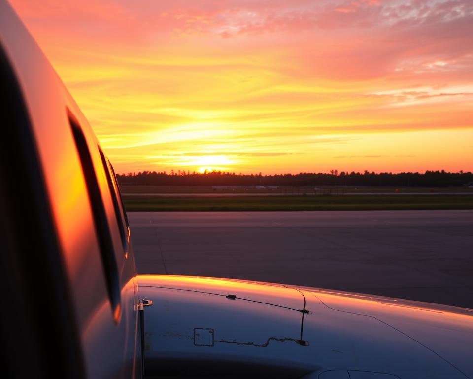 A captivating travel scene depicting the journey from Germany to the Sundarbans in India. In the foreground, a modern aircraft is preparing for takeoff, with a glimpse of a passenger in professional attire looking out the window, showcasing anticipation for adventure. The middle ground features a vibrant sunset sky, painted in warm hues of orange and pink, casting a soft glow over the aircraft. In the background, distant silhouettes of lush greenery symbolize the Sundarbans, hinting at the exotic destination waiting for travelers. The lighting is warm and inviting, capturing the essence of travel and exploration. The image conveys a sense of excitement and wanderlust, immersing viewers in the journey from Germany to this enchanting locale.