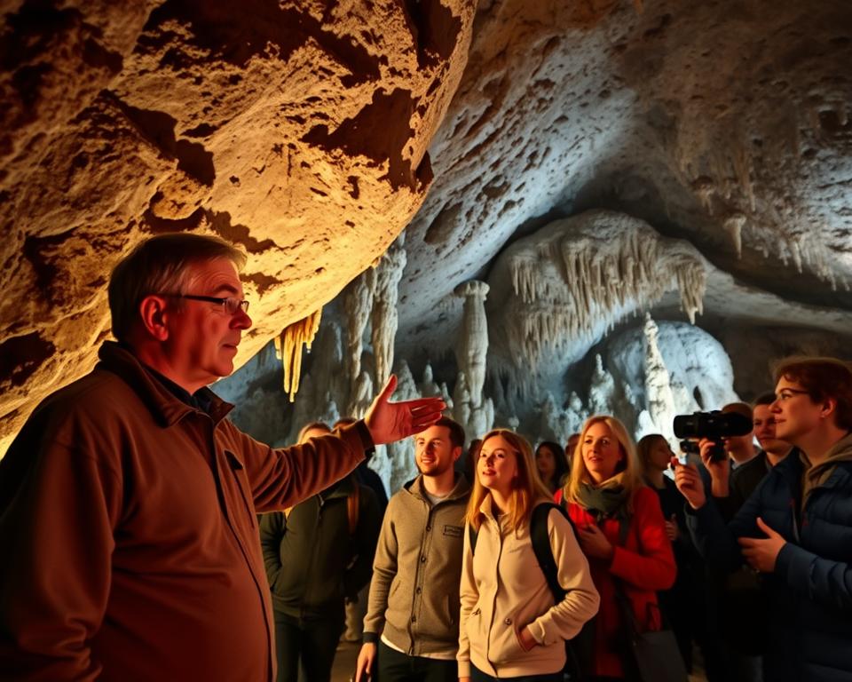 A captivating underground tour scene within the Schlossberghöhlen caves in Homburg, showcasing a skilled tour guide in modest casual attire, leading an intrigued group of visitors who are dressed in comfortable clothing. In the foreground, the guide gestures towards illuminated rock formations, highlighting their intricate textures and natural beauty. The middle ground features the awestruck expressions of the visitors, absorbing the rich geological history around them. In the background, majestic stalactites and stalagmites are illuminated by soft, warm lighting that creates a welcoming atmosphere. The angle captures the depth of the cave, evoking a sense of adventure and discovery, with shadows adding an air of mystery to this enchanting underground world.