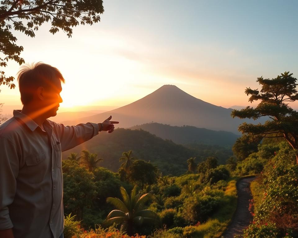 A captivating view of Mount Agung in Bali during sunrise, with soft orange and pink hues lighting up the sky. In the foreground, a local guide, dressed in modest casual clothing, points towards a scenic trail that winds up the mountain. The middle ground features lush green forests and a well-trodden path surrounded by vibrant tropical flora. In the background, the majestic Mount Agung looms, its peak gently shrouded in mist, adding a sense of mystery. The scene is framed with gentle rays of sunlight filtering through the trees, creating a warm and inviting atmosphere. The composition is shot from a low angle to emphasize the grandeur of the mountain, with a focus on both the guide and the natural beauty surrounding them, inviting exploration and adventure.