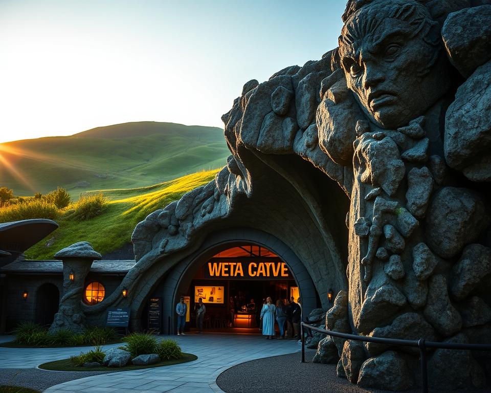 A captivating view of Weta Cave in Miramar, Wellington, showcasing its distinctive architecture and inviting entrance. In the foreground, a large stone sculpture inspired by the "Lord of the Rings" series, adorned with intricate details. The middle ground features the warm glow of the cave’s interior, where visitors can see lifelike character models and film memorabilia. The background reveals the lush, green hills typical of Wellington, bathed in soft, golden hour sunlight that casts long shadows and adds depth to the scene. The atmosphere is magical and inviting, perfectly embodying the spirit of film history and creative artistry. Please ensure no people are visible in the image.