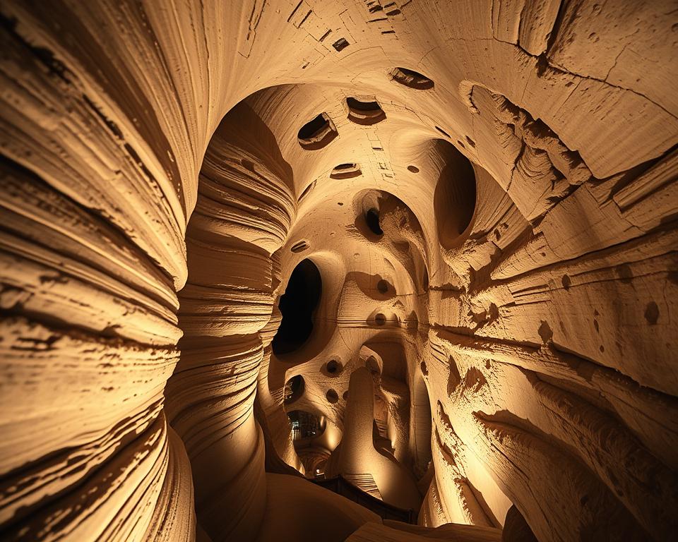 A captivating view of sandstone architecture within an intricate underground cave system, showcasing the majestic Schlossberghöhlen Homburg. In the foreground, smooth, weathered sandstone walls with fascinating grooves and patterns. The middle ground features a series of interconnected chambers and passageways, elegantly lit by soft, warm ambient lighting that highlights the textured surfaces. Subtle shadows dance along the walls, creating an ethereal atmosphere. The background reveals deeper recesses of the cave, suggesting mystery and depth. The image should be captured from a low angle, showcasing the grandeur of the chambers, with a focus on architectural details that reflect the ancient craftsmanship. A serene and mystical mood envelops the scene, inviting viewers to explore the hidden wonders within.