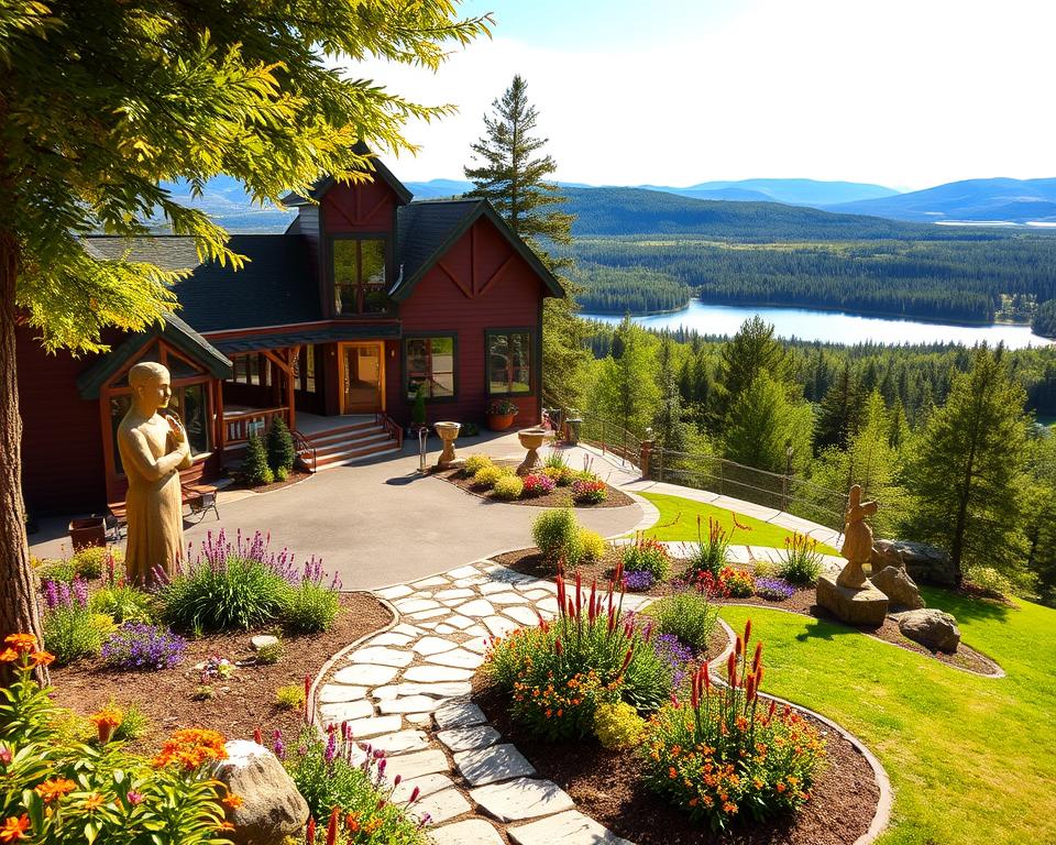 A captivating view of the Algonquin Art Centre set in the midst of the stunning Algonquin Provincial Park. In the foreground, a beautifully landscaped garden adorned with native flowers and artistic sculptures leads to the entrance of the art center. The middle ground showcases the charming, rustic architecture of the building, featuring large windows that reflect the surrounding nature. In the background, lush green forests and rolling hills extend into the distance, with a serene lake reflecting the sky. The scene is bathed in warm, natural sunlight, enhancing the welcoming atmosphere. Capture this from a slightly elevated angle to encompass both the outdoor beauty and the center's artistic essence, evoking a sense of tranquility and appreciation for nature and culture.