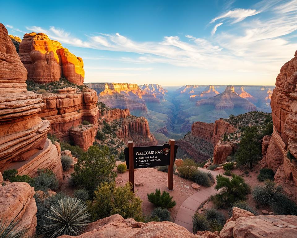 A captivating view of the Grand Canyon's iconic entrance, showcasing the massive, layered rock formations with stunning reds, oranges, and browns in the foreground. Lush desert vegetation is interspersed among the rocks, while a clear blue sky stretches above, dotted with wispy clouds. In the middle ground, a welcoming entrance sign for the national park stands prominently, featuring information about admission fees and park hours, surrounded by well-maintained paths. The background reveals distant canyon vistas fading into the horizon, enhancing the vastness of the landscape. Use warm, natural lighting to capture the golden hour, with soft shadows enhancing the textures of the rocks. The overall atmosphere is inviting and serene, encouraging viewers to explore and discover the beauty of the Grand Canyon National Park.