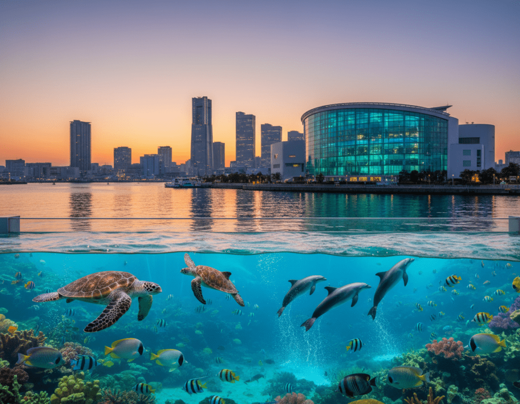 A captivating view of the Nagoya Aquarium located in the Hafen von Nagoya. In the foreground, showcase a vibrant array of sea life, including colorful tropical fish, elegant sea turtles, and lively dolphins swimming gracefully. The middle ground features the aquarium's impressive glass structure, illuminated by soft blue and green lights that reflect the underwater scene. In the background, a modern skyline of Nagoya adds a touch of urban contrast, with the glistening waters of the harbor and a clear sky at sunset, casting warm hues across the scene. Capture this lively yet serene atmosphere with a wide-angle lens, emphasizing the aquarium's scale and the beauty of the sea life within. The overall mood should evoke wonder and excitement, suitable for showcasing one of Nagoya's top attractions.