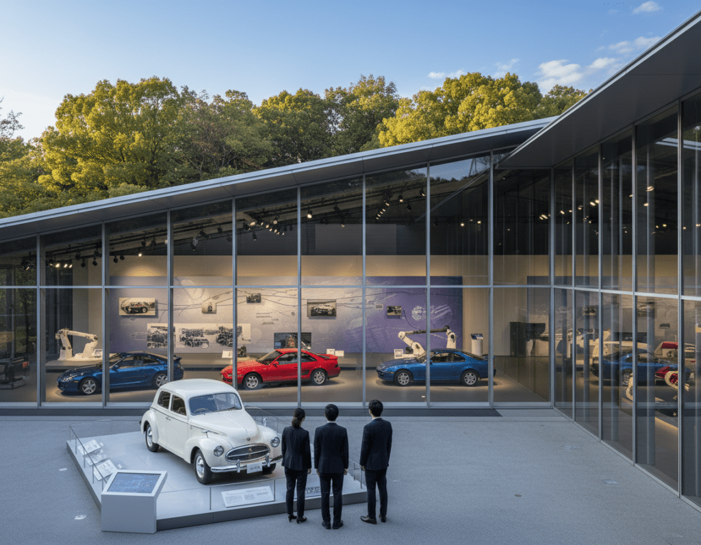 A captivating view of the Toyota Commemorative Museum of Industry and Technology in Nagoya, Japan. In the foreground, showcase a few visitors in professional business attire, admiring an exhibit. In the middle ground, display the museum's sleek, modern architecture, characterized by large glass windows and metal accents, complemented by colorful displays of Toyota's automotive history. In the background, introduce lush greenery and a clear blue sky, reinforcing a serene atmosphere. Soft, warm lighting enhances the inviting environment of the museum, giving the scene a sense of exploration and inspiration. Capture this scene from a slightly elevated angle to provide depth and perspective, ensuring a focus on the museum's striking design and vibrant displays.
