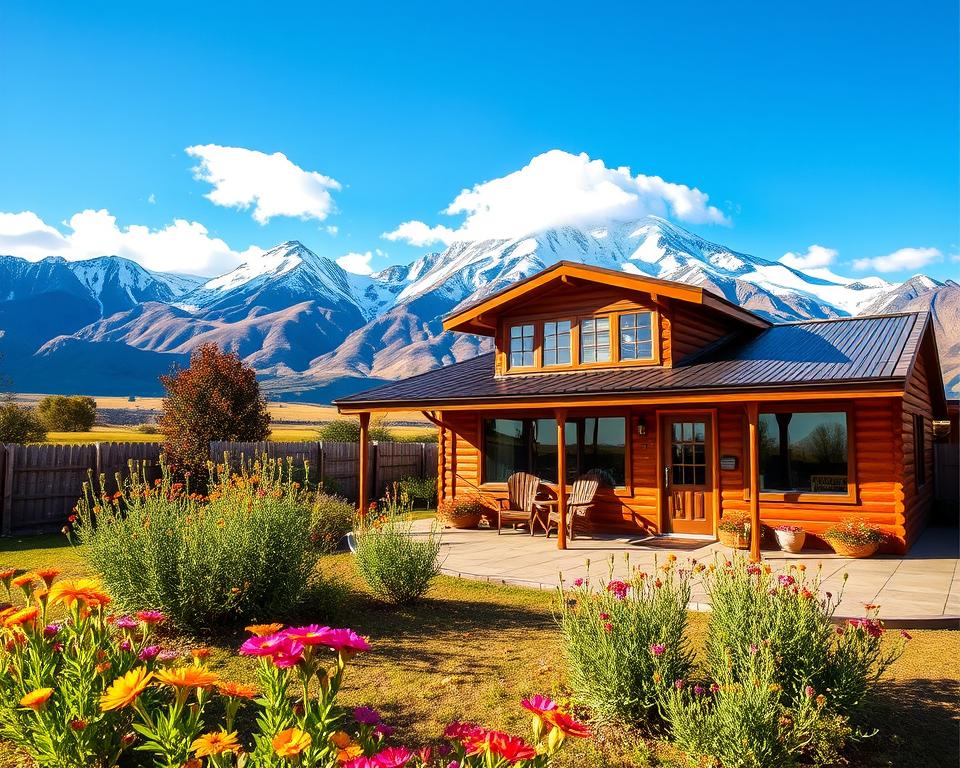 A charming guesthouse in El Calafate, Argentina, set against the stunning backdrop of the Andes Mountains. In the foreground, a well-maintained garden with vibrant wildflowers and a cozy patio, featuring two chairs and a small table, inviting guests to relax. The middle ground showcases the main building, a rustic yet modern structure with large windows reflecting the surrounding nature. The background reveals the majestic, towering peaks of the Andes, partially covered in snow, under a bright blue sky with soft, fluffy clouds. The scene is bathed in warm, golden sunlight, creating a serene and welcoming atmosphere, highlighting the comfort and appealing ambiance of this accommodation. The image captures the essence of a perfect stay for travelers.
