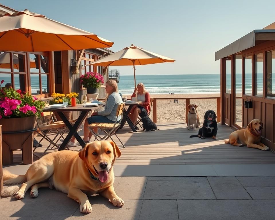 A charming outdoor scene showcasing dog-friendly restaurants in St. Peter-Ording. In the foreground, a happy dog lies on a sun-drenched terrace, overlooking a table set for a meal with two people enjoying lunch in modest casual clothing. The middle section features a cozy wooden deck adorned with vibrant flowers and umbrellas for shade, with additional dogs relaxing at the feet of their owners. In the background, the scenic sandy beach and gentle waves of the North Sea blend seamlessly into the sky, creating a tranquil atmosphere. Soft, natural lighting enhances the warm, inviting mood of the scene, capturing the joy of dining with pets in a resort town. The angle should be slightly elevated for a comprehensive view of this idyllic setting.