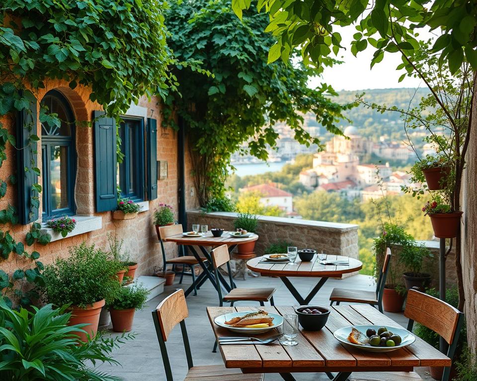 A charming, secluded taverna nestled amidst lush greenery, featuring rustic wooden tables and colorful flower pots. In the foreground, a small table set for two with traditional Dalmatian cuisine, like grilled fish and olives, adding a cozy touch. The middle ground shows the taverna's warm stone walls draped with climbing vines, inviting ambiance created by soft, golden natural light filtering through. In the background, the serene landscape of Trogir with hints of ancient architecture peeking through the trees, evoking a sense of hidden beauty. The scene captures a peaceful, inviting atmosphere perfect for leisurely dining, emphasizing the essence of discovering local culinary gems. The image should be shot at a slight angle to enhance depth, emphasizing the warmth and intimacy of the setting.
