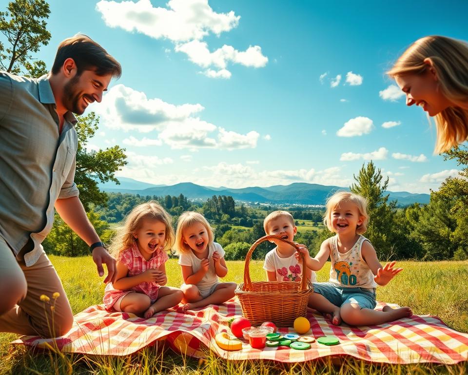 A cheerful family enjoying a budget-friendly vacation in a natural landscape. In the foreground, two parents with modest casual clothing are happily playing with two children, who are laughing and holding a picnic basket. The middle layer features a colorful, vibrant picnic setup with a checkered blanket, fruit, and games scattered around. In the background, a lush green park with trees and distant mountains can be seen, under a bright blue sky with fluffy white clouds. The scene is bathed in warm, golden sunlight, creating a joyful and relaxed atmosphere. The focus is on the family's bonding and fun during their day out, capturing the essence of a budget-friendly adventure with children.
