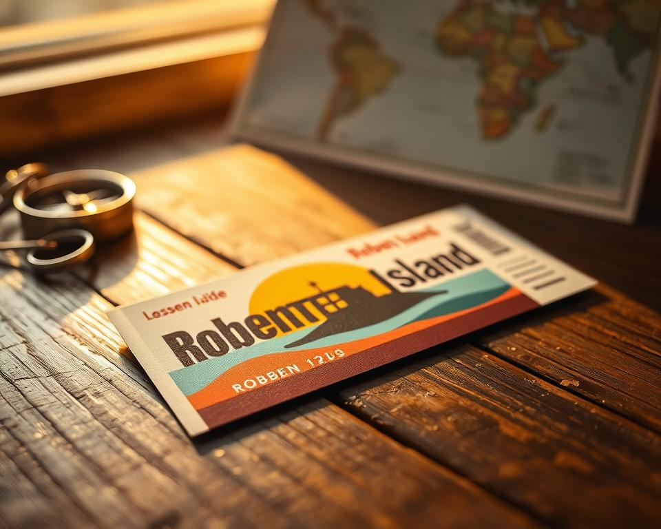 A close-up image of a Robben Island ticket, lying on a weathered wooden table. The ticket has a vibrant design featuring iconic symbols of the island, such as the silhouette of the prison and the surrounding ocean. In the background, slightly blurred, are travel essentials like a small compass and a map of South Africa, hinting at the journey to the island. The lighting is warm and inviting, resembling late afternoon sun filtering through a nearby window, creating a soft glow on the ticket. The overall mood is peaceful and reflective, evoking a sense of history and exploration. The focus is solely on the ticket, with no distractions from text, logos, or human figures.