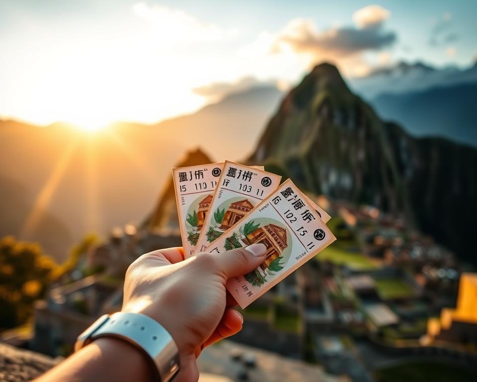 A close-up of Machu Picchu tickets elegantly arranged on a wooden surface, with a beautiful backdrop of the iconic Incan citadel visible in soft focus. The tickets should display intricate designs reflecting Andean culture, featuring symbols of the sun and mountains, and a watermark of green foliage. In the foreground, a delicate hand holds the tickets, wearing a simple yet professional wristwatch. The lighting is warm and soft, evoking a sense of nostalgia and adventure, as the sun begins to set behind the ancient ruins. The atmosphere is calm and inviting, inspiring a mood of exploration and cultural discovery in the heart of Peru.