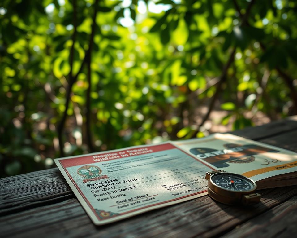 A close-up of a colorful, official Sundarbans park permit laid on a rustic wooden table, with the intricate details of the permit clearly visible. In the background, lush greenery typical of the Sundarbans mangroves creates a vibrant, immersive atmosphere. Soft, dappled sunlight filters through the leaves, casting gentle shadows and highlighting the rich textures of the permit. A small compass and a guidebook on wildlife sit nearby, suggesting adventure and exploration. The scene exudes a sense of anticipation and respect for nature, with a warm, inviting mood. The image should be captured from a slightly elevated angle, emphasizing the permit as the focal point while effectively showcasing the surrounding elements.