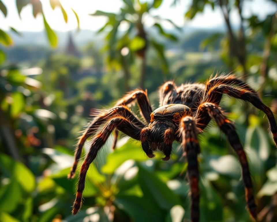 A close-up of a dangerous spider native to Thailand, such as the Southeast Asian tarantula, prominently displayed in the foreground. The spider’s intricate patterns and detailed anatomy are highlighted, showcasing its hairy legs and vibrant coloring. In the middle ground, depict a lush, dense Thai jungle setting with rich greenery and dappled sunlight filtering through the leaves, creating a sense of depth. In the background, incorporate hints of other exotic flora and a blurred silhouette of a typical Thai landscape, such as hills or temples. The atmosphere should evoke intrigue and caution, with soft, natural lighting that enhances the mysterious essence of these dangerous creatures. A macro lens effect can emphasize the spider's details while keeping the overall composition immersive and engaging. A close-up of a dangerous spider native to Thailand, such as the Southeast Asian tarantula, prominently displayed in the foreground. The spider’s intricate patterns and detailed anatomy are highlighted, showcasing its hairy legs and vibrant coloring. In the middle ground, depict a lush, dense Thai jungle setting with rich greenery and dappled sunlight filtering through the leaves, creating a sense of depth. In the background, incorporate hints of other exotic flora and a blurred silhouette of a typical Thai landscape, such as hills or temples. The atmosphere should evoke intrigue and caution, with soft, natural lighting that enhances the mysterious essence of these dangerous creatures. A macro lens effect can emphasize the spider's details while keeping the overall composition immersive and engaging.