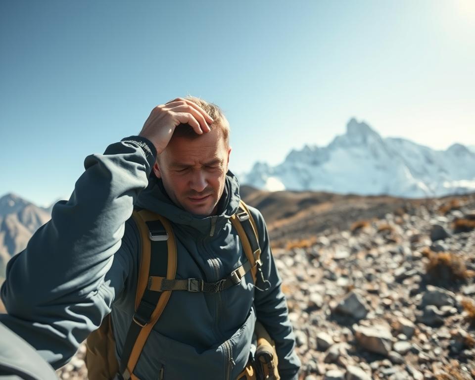 A close-up of a hiker on a high-altitude trail in the Andes mountains, showing symptoms of altitude sickness. In the foreground, the hiker, dressed in professional outdoor gear, has a concerned expression, holding their head and looking fatigued. In the middle ground, rocky terrain and sparse vegetation illustrate the harsh alpine environment, while cooler tones emphasize the cold atmosphere. In the background, towering snow-capped peaks rise against a clear blue sky. The lighting is bright and crisp, capturing the intensity of high-altitude conditions, with a wide-angle lens to convey depth and scale. The mood is both serious and educational, highlighting the importance of acclimatization and safety in extreme environments.