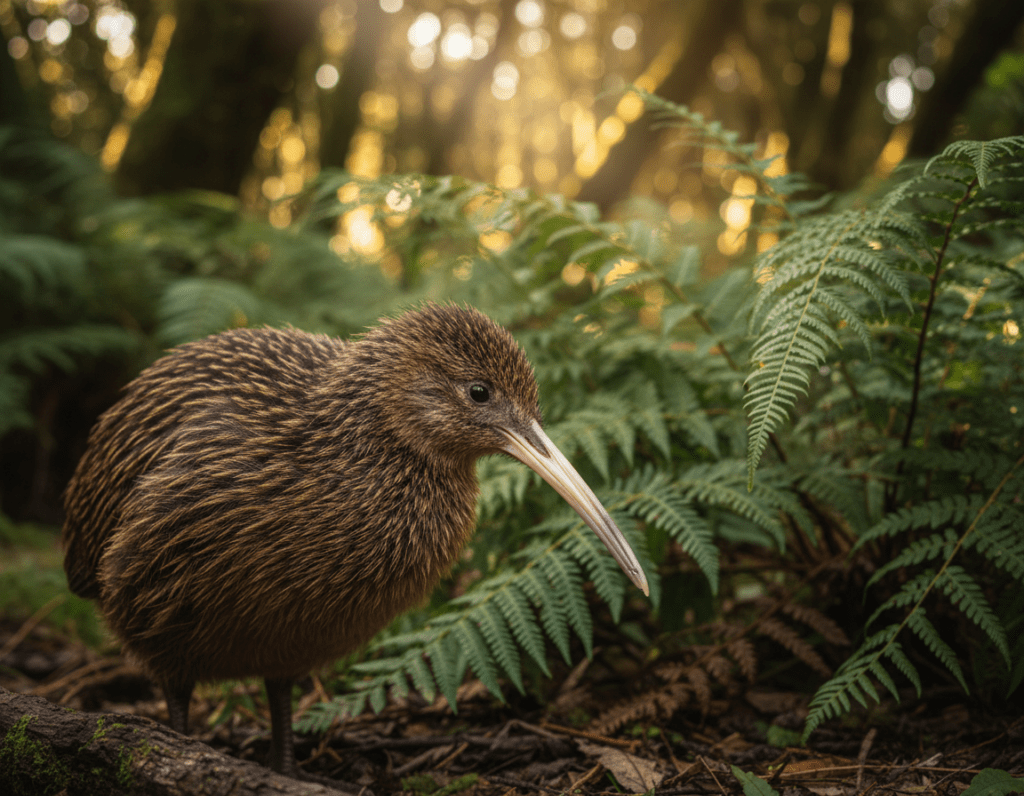 A close-up portrait of a kiwi bird, showcasing its distinctive long beak and brown, fuzzy feathers. The foreground features the kiwi in sharp focus, its texture vividly detailed, highlighting the unique pattern of its plumage. In the middle ground, soft green ferns create a lush environment, accentuating its native habitat. The background softly blurs into a subtle, dappled forest scene with warm sunlight filtering through the leaves, casting gentle shadows. The lighting is soft and natural, emphasizing the earth tones of the kiwi and the vibrant greens of its surroundings, evoking a serene and peaceful atmosphere. Capture this unique New Zealand bird in a realistic, lifelike style to encapsulate its iconic status.