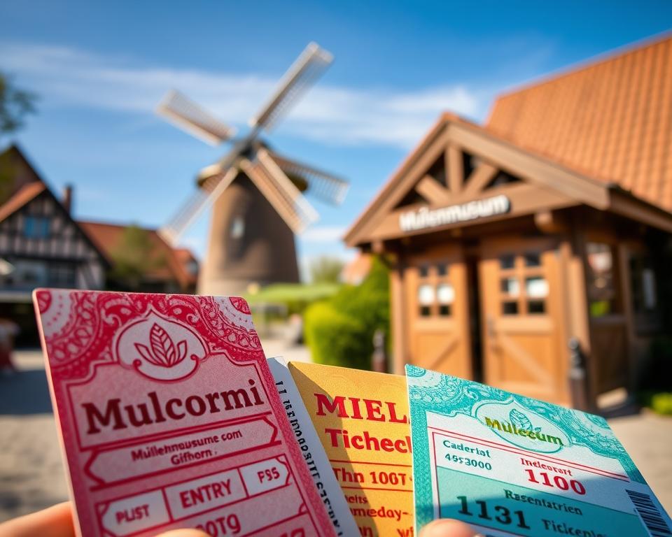 A close-up view of colorful tickets for the Mühlenmuseum Gifhorn, prominently displayed in the foreground, showcasing intricate designs and text indicating entry prices. In the middle ground, there’s a welcoming ticket booth styled with rustic wooden architecture, inviting visitors. The background features a picturesque windmill, a hallmark of the museum, set against a clear blue sky with soft sunlight casting gentle shadows. The scene is illuminated in warm daylight, creating a cheerful, inviting atmosphere. The overall mood should feel vibrant and informative, emphasizing accessibility and the excitement of visiting the museum.