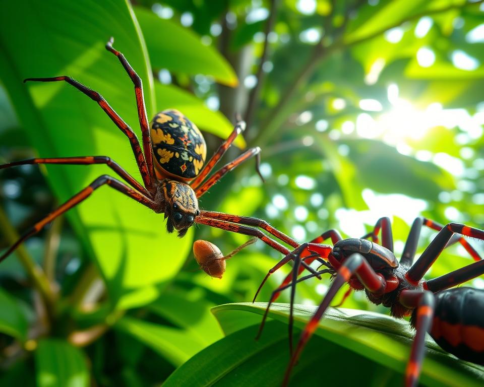 A close-up view of dangerous insects from Thailand, showcasing a vibrant and detailed composition. In the foreground, a strikingly colored spider with intricate patterns on its abdomen and long, slender legs is positioned prominently, its eyes glinting menacingly. Nearby, a large, aggressive-looking centipede with vivid coloration and sharp pincers adds to the scene’s tension. In the middle ground, a lush, tropical foliage provides a rich green backdrop, highlighting the natural habitat of these creatures. Soft, dappled sunlight filters through the leaves, casting dynamic shadows that enhance the mood of mystery and danger. The atmosphere is charged with an undercurrent of threat, evoking respect for the wildlife of Thailand. Shot with a macro lens to capture intricate details, the image should focus on the richness of colors and textures, while maintaining a sense of urgency and unease. A close-up view of dangerous insects from Thailand, showcasing a vibrant and detailed composition. In the foreground, a strikingly colored spider with intricate patterns on its abdomen and long, slender legs is positioned prominently, its eyes glinting menacingly. Nearby, a large, aggressive-looking centipede with vivid coloration and sharp pincers adds to the scene’s tension. In the middle ground, a lush, tropical foliage provides a rich green backdrop, highlighting the natural habitat of these creatures. Soft, dappled sunlight filters through the leaves, casting dynamic shadows that enhance the mood of mystery and danger. The atmosphere is charged with an undercurrent of threat, evoking respect for the wildlife of Thailand. Shot with a macro lens to capture intricate details, the image should focus on the richness of colors and textures, while maintaining a sense of urgency and unease.