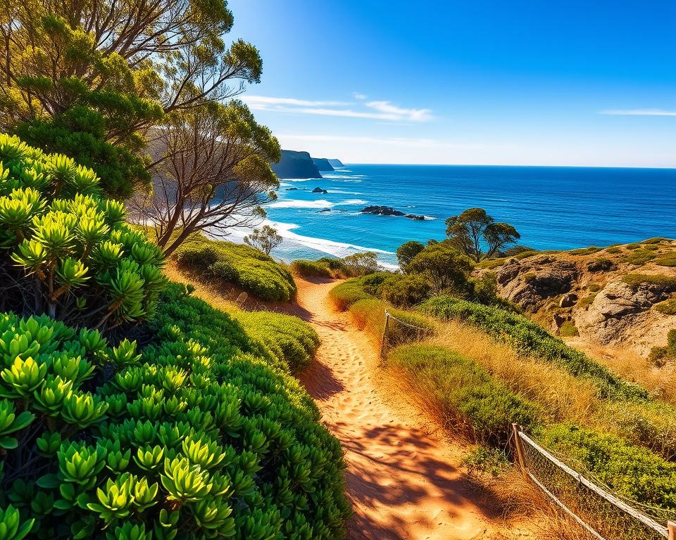 A coastal path winding along the edge of a rugged shoreline in Noosa National Park, Australia. In the foreground, vibrant green vegetation, including native shrubs and trees, frames the path leading towards the breathtaking sea view. The middle ground reveals a winding trail with golden sandy textures underfoot, inviting exploration. In the background, the deep blue ocean reflects the bright sunlight, showcasing gentle waves lapping against rocky outcrops. The sky is clear with a few wispy clouds, creating a serene atmosphere. The scene is bathed in warm, late afternoon light that enhances the vibrant colors of the landscape. Capture the essence of tranquility and adventure in this stunning coastal vista.