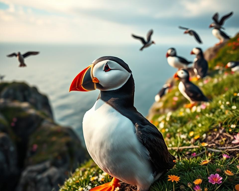 A colorful Atlantic puffin perched on a rocky cliff, displaying its distinctive orange beak and bold black and white plumage. The puffin is surrounded by a lush green backdrop, with patches of wildflowers adding splashes of color. In the foreground, the puffin is engaged in courtship behavior, puffing out its chest while its eyes glimmer with curiosity. The middle ground captures additional puffins fluttering around, displaying social interactions typical of their behavior. The background features a soft-focus ocean and a dramatic sky with wisps of clouds, creating a serene atmosphere. The lighting is warm and natural, casting gentle shadows that highlight the textures of the feathers and rocky outcrop. The composition is shot from a low angle to evoke a sense of intimacy and wonder in observing these charming seabirds in their natural habitat.