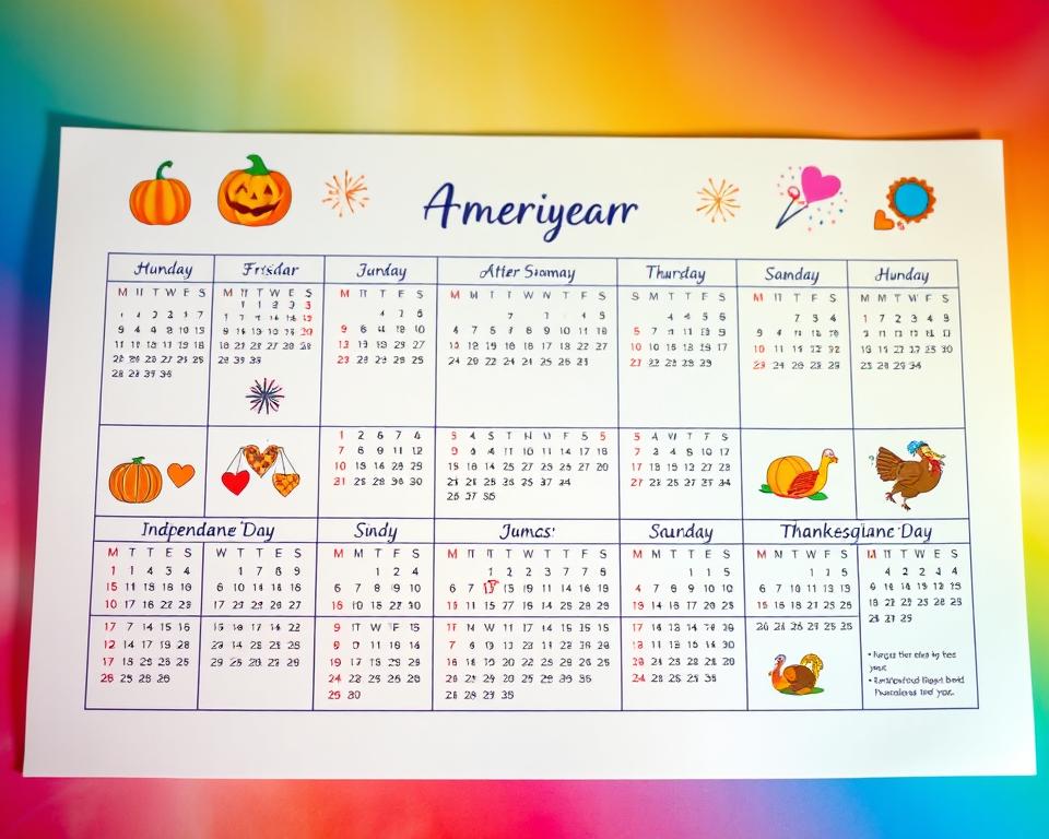 A colorful calendar page depicting American holidays throughout the year. In the foreground, vibrant illustrations of each holiday icon—such as carved pumpkins for Halloween, fireworks for Independence Day, hearts for Valentine’s Day, and turkeys for Thanksgiving—arranged evenly across the months. The middle layer features a neatly organized grid layout of the calendar months, with clear divisions highlighted by subtle borders. The background should be a softly blended gradient of warm colors, evoking a sense of celebration and joy. Enhance the atmosphere with soft, diffused lighting to create a welcoming vibe. The image should be visually appealing, with a balanced composition, ensuring clarity and focus on the American holidays while maintaining an inviting feel suitable for an informative context.