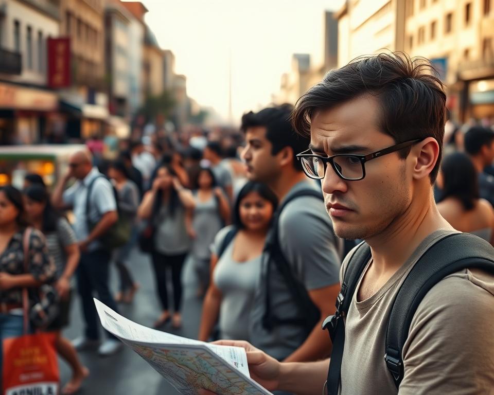 A concerned traveler in a bustling Buenos Aires street, looking at a map with a furrowed brow, dressed in modest casual clothing. In the foreground, a city street filled with people showcasing a blend of cultures, street vendors selling local goods, and distant silhouettes of iconic buildings like the Obelisco. The middle ground includes a diverse crowd, presenting a mix of expressions that capture the anxious yet determined mood of addressing an emergency situation. The background features a warm, late afternoon light casting soft shadows, enhancing the urgency in the atmosphere, with a slight tilt from a low angle to convey a feeling of urgency and importance. The scene encapsulates a sense of alertness and resourcefulness amidst the vibrant, chaotic city life.