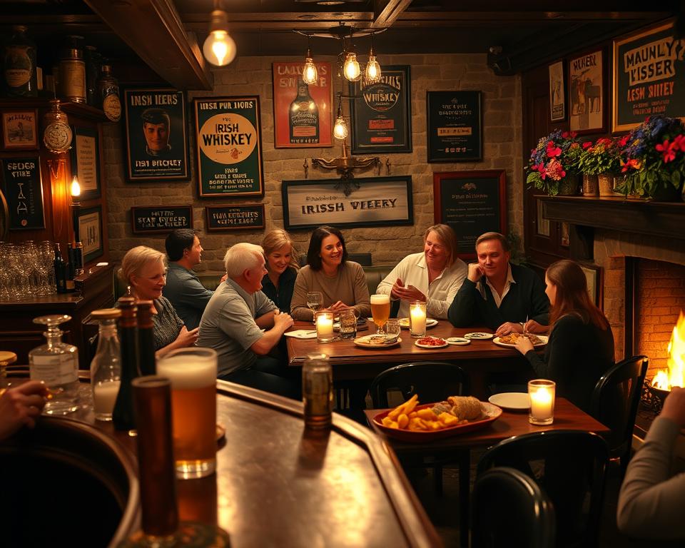 A cozy Irish pub setting filled with warmth and charm during an evening gathering. In the foreground, a wooden bar adorned with rustic decorations, glassware, and unique Irish craft beers. The middle ground features patrons dressed in modest casual clothing, joyfully sharing stories and laughter over traditional Irish dishes, such as fish and chips and shepherd's pie. The background reveals stone walls with vintage Irish whiskey advertisements and glowing candles on wooden tables. Soft, warm lighting creates a welcoming atmosphere, highlighting the rich mahogany paneling and vibrant flower arrangements. The scene is slightly blurred at the edges to evoke a sense of intimacy, while a faint glow from a fireplace casts flickering shadows, enhancing the convivial mood of the pub culture. A cozy Irish pub setting filled with warmth and charm during an evening gathering. In the foreground, a wooden bar adorned with rustic decorations, glassware, and unique Irish craft beers. The middle ground features patrons dressed in modest casual clothing, joyfully sharing stories and laughter over traditional Irish dishes, such as fish and chips and shepherd's pie. The background reveals stone walls with vintage Irish whiskey advertisements and glowing candles on wooden tables. Soft, warm lighting creates a welcoming atmosphere, highlighting the rich mahogany paneling and vibrant flower arrangements. The scene is slightly blurred at the edges to evoke a sense of intimacy, while a faint glow from a fireplace casts flickering shadows, enhancing the convivial mood of the pub culture.