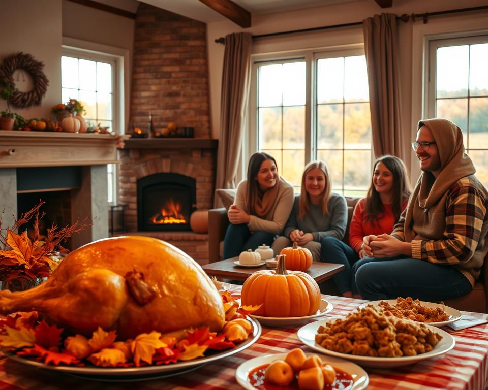 A cozy Thanksgiving scene in a traditional American setting. In the foreground, a beautifully arranged table laden with a golden roasted turkey, colorful side dishes like cranberry sauce and stuffing, and autumn decorations such as pumpkins and fall leaves. In the middle ground, a warmly lit living room with a crackling fireplace, where a diverse family of five is gathered, dressed in modest casual clothing, smiling and sharing stories. In the background, a large window reveals a picturesque autumn landscape with colorful foliage outside. Golden hour lighting casts a warm glow over the scene, creating a welcoming and festive atmosphere, emphasizing the themes of gratitude and togetherness. The composition captures the essence of Thanksgiving in the USA, focusing on family, tradition, and celebration.