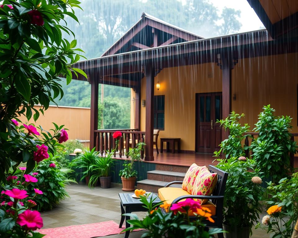 A cozy accommodation in India during the rainy season, showcasing an inviting guesthouse surrounded by lush greenery and vibrant flowers. In the foreground, a beautifully arranged patio with colorful cushions and a small table, hinting at a welcoming atmosphere. In the middle, the guesthouse features traditional Indian architecture with wooden beams and a warm, earthy color palette. The background shows cascading rain pouring down, creating a serene ambiance. Soft, diffused lighting filters through the clouds, adding a gentle glow to the scene, evoking a sense of calm and tranquility. The mood reflects a peaceful retreat during monsoon season, ideal for travelers looking to plan a budget-friendly getaway.
