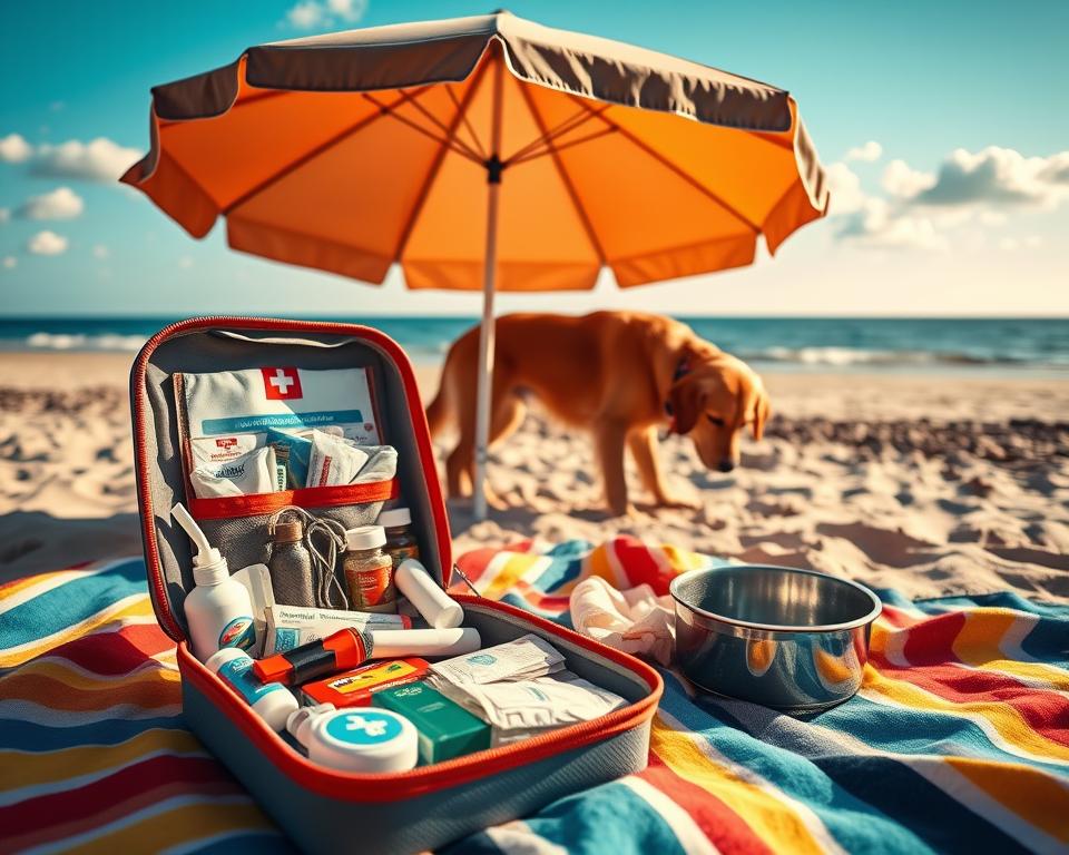 A cozy beach scene showcasing a dog-friendly first-aid kit open on a colorful beach towel. In the foreground, the first-aid kit is filled with items like dog medications, bandages, and a water bowl, perfectly arranged for a sunny day at the beach. In the middle ground, a playful golden retriever is digging in the sand, with a charming beach umbrella casting a gentle shade over them. In the background, you can see the expansive St. Peter-Ording beach, with gentle waves lapping at the shore and a clear blue sky dotted with a few fluffy clouds. The lighting is warm and inviting, giving a perfect day-at-the-beach atmosphere. The image captures a sense of care, adventure, and the joy of spending quality time with a dog outdoors.