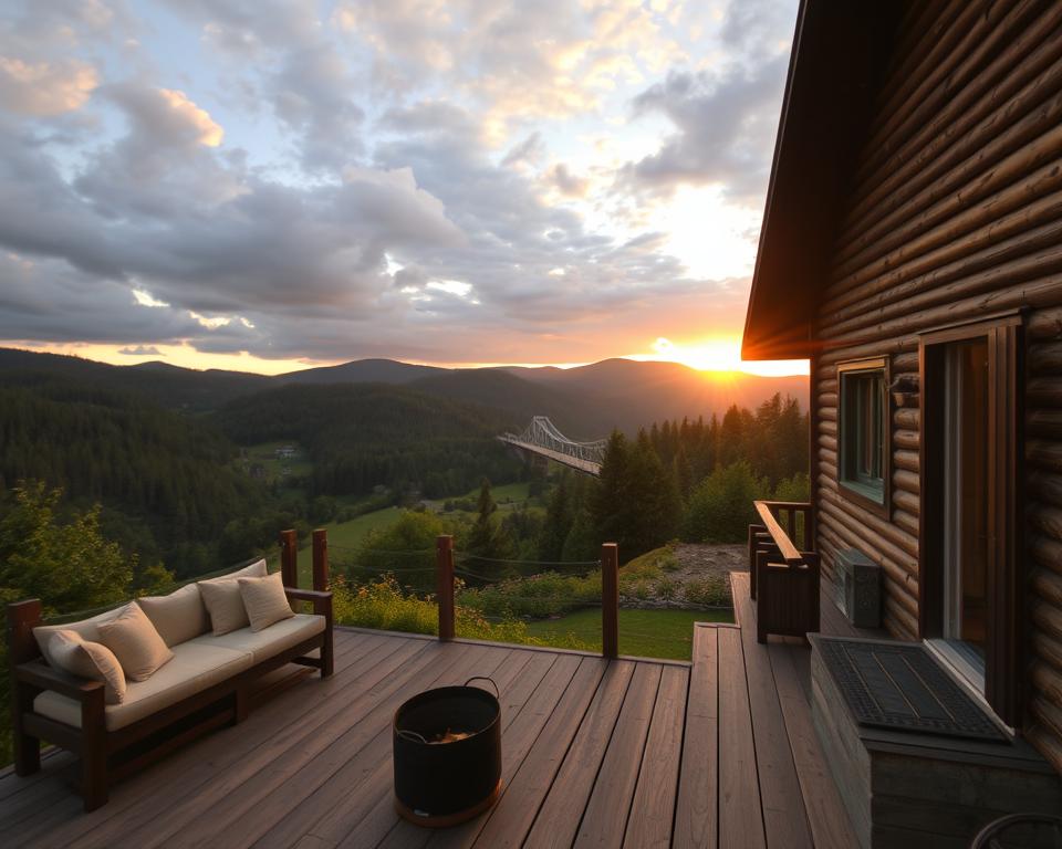A cozy cabin nestled in the lush, green hills of the Hunsrück region, surrounded by dense forests. In the foreground, a wooden deck extends from the cabin, adorned with comfortable seating and a small fire pit. The middle ground features rolling hills and the iconic Geierlay Hängeseilbrücke in the distance, bathed in soft golden sunlight during sunset. Patches of wildflowers add color to the serene landscape. The background showcases a dramatic sky, with hues of orange and purple as the sun sets behind the mountains. The atmosphere is tranquil and inviting, suggesting a peaceful getaway. The image is captured with a wide-angle lens, emphasizing the breathtaking scenery and creating a warm, serene mood.