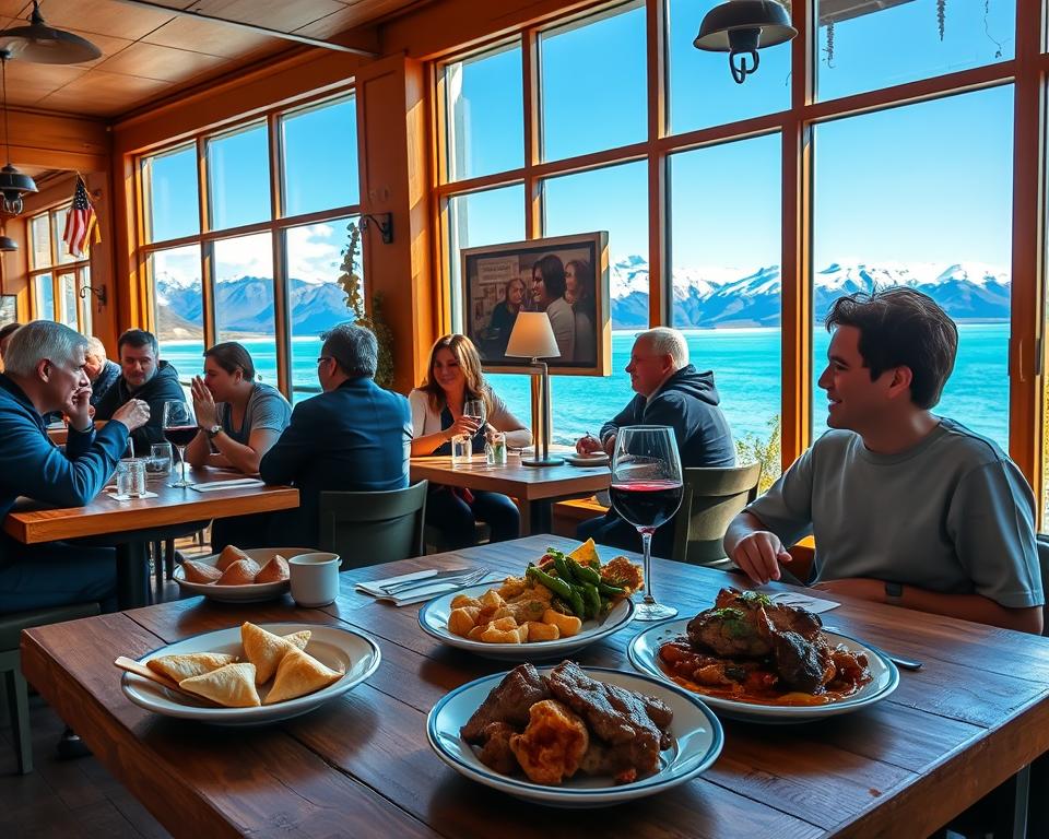 A cozy dining scene in a charming café in El Calafate, Argentina, featuring a warm wooden interior with colorful local decor. In the foreground, a rustic wooden table is set with traditional Argentine dishes, including empanadas and a plate of the famous Patagonian lamb, accompanied by a glass of Malbec wine. The middle ground shows patrons casually enjoying their meals, dressed in smart casual clothing, sharing laughter and stories. In the background, large windows reveal the stunning natural landscape of snow-capped mountains and the turquoise waters of Lake Argentino under a bright blue sky. Soft, natural light streams in, creating an inviting atmosphere that captures the essence of preparing for a memorable excursion. The mood is lively and welcoming, perfect for experiencing local culture.