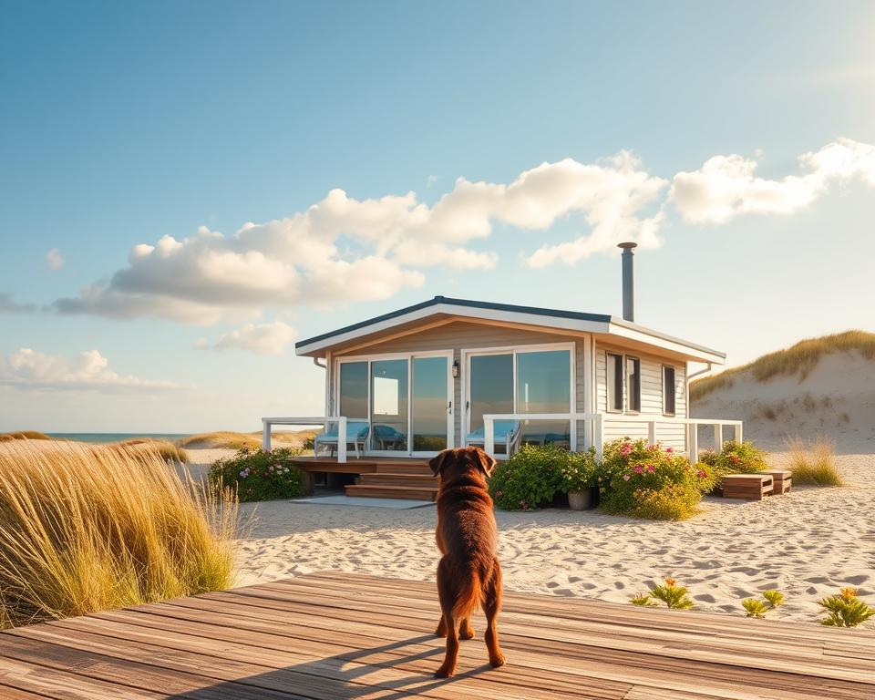 A cozy, dog-friendly accommodation in St. Peter-Ording, set against a backdrop of the scenic North Sea coastline. In the foreground, a friendly dog eagerly stands on a wooden patio, looking out at the sandy beach. The middle ground features a charming, modern beach house with large windows and a welcoming entrance, surrounded by a lush garden with colorful flowers. The background showcases the iconic dunes of St. Peter-Ording, under a clear blue sky with soft, fluffy clouds. The warm afternoon sunlight casts a gentle glow, creating a serene and inviting atmosphere. Capture this scene with a slightly elevated angle, emphasizing the harmony between the accommodation and the natural beach setting, evoking a sense of relaxation and joy for vacationing families with their pets.