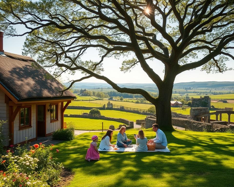 A cozy family-friendly accommodation nestled in the lush green countryside of Ireland. In the foreground, show a charming wooden cottage with a thatched roof, flowers blooming in the garden, and children playing nearby. In the middle ground, a family dressed in casual but modest clothing enjoys a picnic on a blanket under a large oak tree, with a soft, warm light filtering through the leaves. In the background, rolling hills and a clear blue sky create a serene atmosphere, while hints of distant castles or ancient ruins evoke Ireland's rich history. Capture the scene with a soft focus lens at a slightly elevated angle, emphasizing the warmth and inviting nature of the setting, creating a mood of joy and togetherness for families traveling in Ireland.
