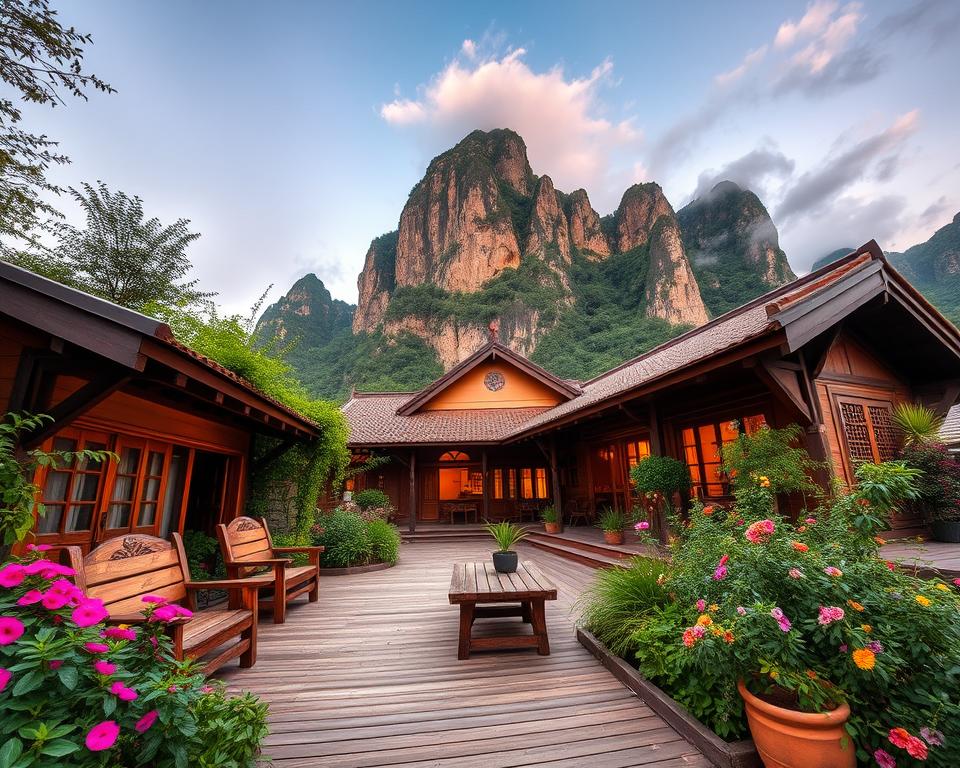 A cozy guesthouse nestled at the foot of Tianmen Mountain, surrounded by lush greenery and vibrant wildflowers. In the foreground, a charming wooden deck features rustic seating, inviting travelers to relax with a cup of tea. The middle ground showcases the guesthouse, with its traditional Chinese architecture, wooden eaves, and warm, inviting lights glowing in the windows. Towering behind, the majestic Tianmen Mountain rises dramatically, its rugged cliffs kissed by the soft, golden light of sunset. Wispy clouds drift above, adding a sense of tranquility to the scene. A wide-angle view captures the beauty of the landscape, while the warm lighting creates an inviting atmosphere perfect for a peaceful escape. The mood is serene and welcoming, embodying the essence of exploring Zhangjiajie's charm.