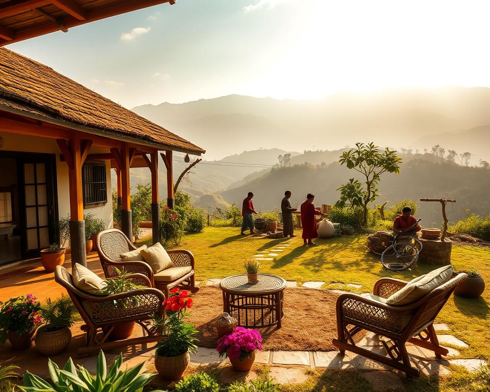 A cozy homestay in the scenic landscape of Nagaland, India, showcasing traditional Naga architecture with wooden beams and thatched roofing. In the foreground, a beautifully arranged outdoor seating area with handmade bamboo furniture surrounded by lush greenery and colorful flowers, offering an inviting atmosphere. In the middle ground, indigenous people wearing traditional modest clothing engage in daily activities, such as cooking and weaving, reflecting the local culture. In the background, rolling hills and misty mountains create a serene backdrop under soft, golden sunlight, casting gentle shadows. The image captures a warm and welcoming mood, emphasizing the connection between visitors and local life, with a focus on nature and community harmony. Shot with a wide-angle lens to encapsulate the depth of the landscape, evoking a sense of peace and exploration.