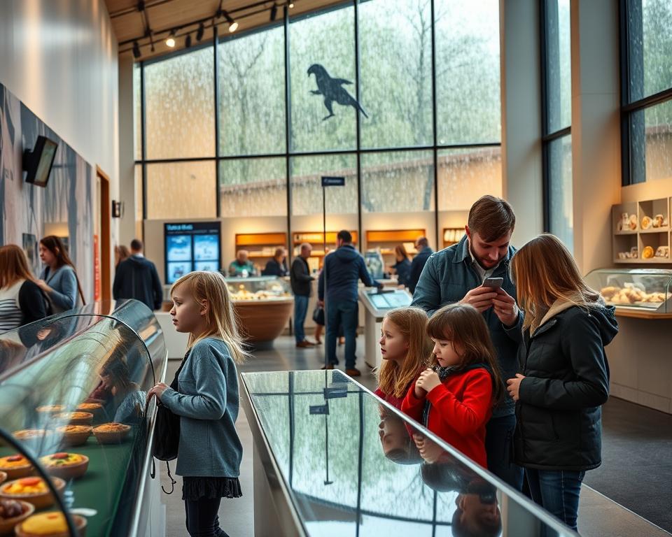 A cozy indoor scene showcasing popular attractions in Schleswig-Holstein during rainy weather. In the foreground, a family of four, casually dressed, explores an engaging science museum, examining interactive exhibits with curiosity. The middle layer features a warm, inviting café area with patrons enjoying hot beverages and vibrant pastries. In the background, large windows reveal raindrops cascading down, enhancing the intimate atmosphere. Soft, diffused lighting creates a welcoming mood, with shadows gently highlighting the details of the museum's architecture and exhibits. The focus is on the dynamic interactions between families and the enriching environment, capturing the essence of enjoyable indoor experiences on a rainy day.