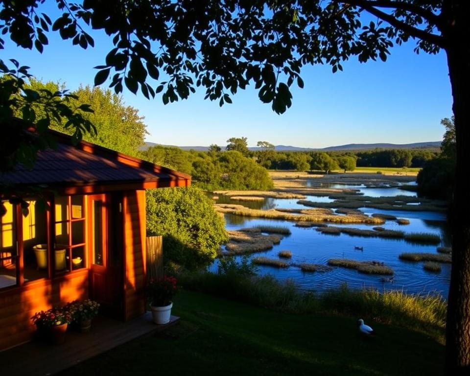 A cozy, inviting lodge surrounded by the lush greenery of De Biesbosch National Park. In the foreground, a charming wooden cabin with large windows, warm light spilling out, and a small porch adorned with potted plants. The middle ground showcases serene waterways and marshlands, reflecting the blue sky, with ducks gracefully gliding on the water. In the background, tall, dense trees and distant hills create a tranquil atmosphere. The scene is captured during the golden hour, with soft, warm sunlight filtering through the leaves, casting gentle shadows. The overall mood is peaceful and inviting, perfect for a restful getaway in nature, ideal for relaxation and enjoying local cuisine.
