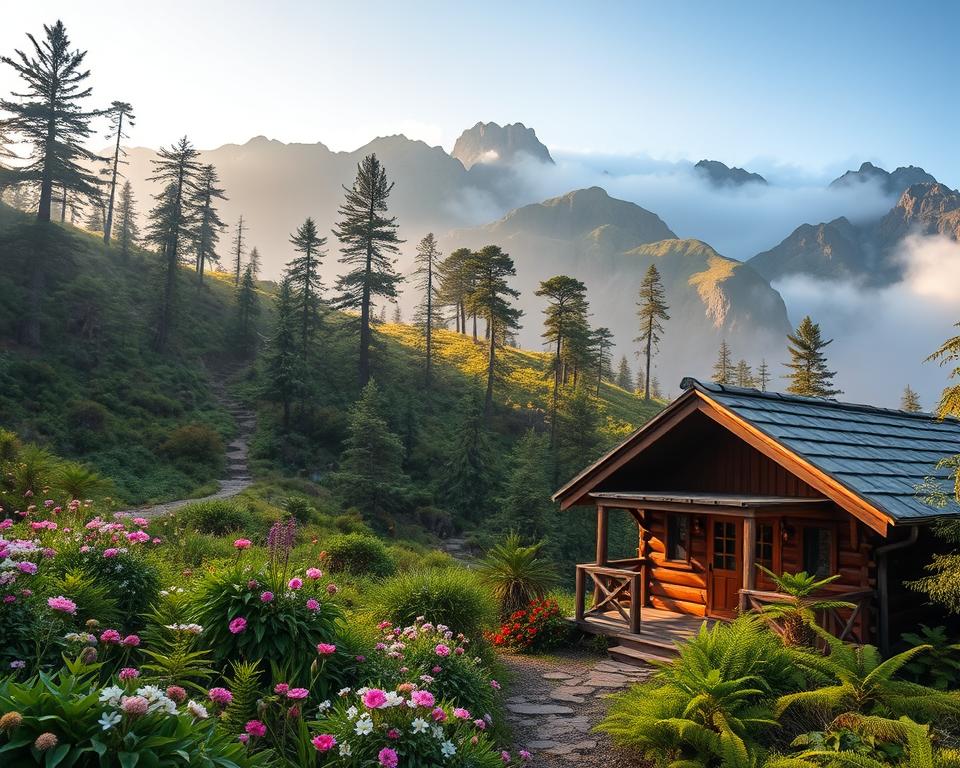 A cozy mountain lodge nestled in the lush greenery of the Anaga Mountains in Tenerife. In the foreground, a rustic wooden cabin with a small porch is surrounded by blooming wildflowers and verdant ferns. In the middle ground, picturesque hiking trails weave through the dense forest, showcasing tall pine trees and vibrant moss covering the rocks. The background features the dramatic silhouette of the Anaga Mountains, shrouded in mist, bathed in soft morning light that casts gentle shadows on the landscape. The atmosphere is serene and inviting, hinting at early morning tranquility perfect for adventurers ready to explore nature. Use a wide-angle lens to capture the expansive view, with warm natural lighting to enhance the welcome feel of this secluded retreat.