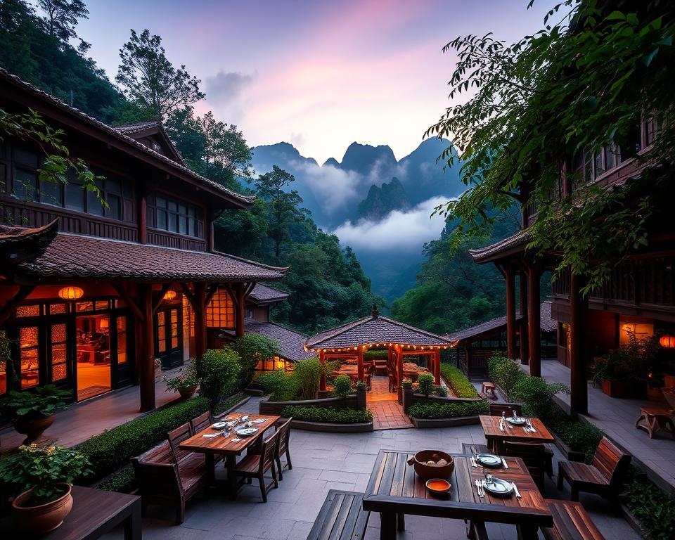 A cozy mountain lodge surrounded by lush greenery in Zhangjiajie, showcasing traditional Chinese architecture with wooden beams and charming decorative elements. In the foreground, a welcoming outdoor dining area with rustic tables set for a meal featuring local cuisine. In the middle ground, a slight elevation reveals the enchanting mountains of Tianmen, with their majestic cliffs shrouded in mist. The background captures a soft dusk light, illuminating the sky with hues of orange and purple, casting long shadows across the landscape. The atmosphere is serene and inviting, suggesting a peaceful retreat after a day of exploration. Use a wide-angle lens to capture the expansive beauty, enhancing the inviting ambiance of this unique accommodation experience.