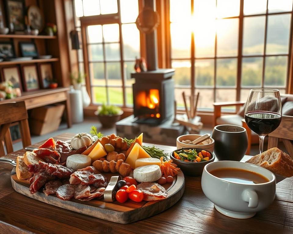 A cozy rustic dining area featuring traditional Eifel regional cuisine, set on a wooden table. The foreground shows a beautifully arranged platter of hearty foods: smoked meats, fresh bread, creamy cheeses, and colorful, seasonal vegetables. A steaming bowl of soup adds warmth, alongside a glass of local wine. In the middle ground, a warm fireplace flickers softly, casting gentle light across the room. Traditional wooden furniture and Eifel decorations, such as local crafts and scenic photographs, adorn the walls. The background reveals large windows with a view of rolling hills and forests, bathed in the golden glow of late afternoon sunlight, creating a welcoming and inviting atmosphere perfect for relaxation after an adventurous day.