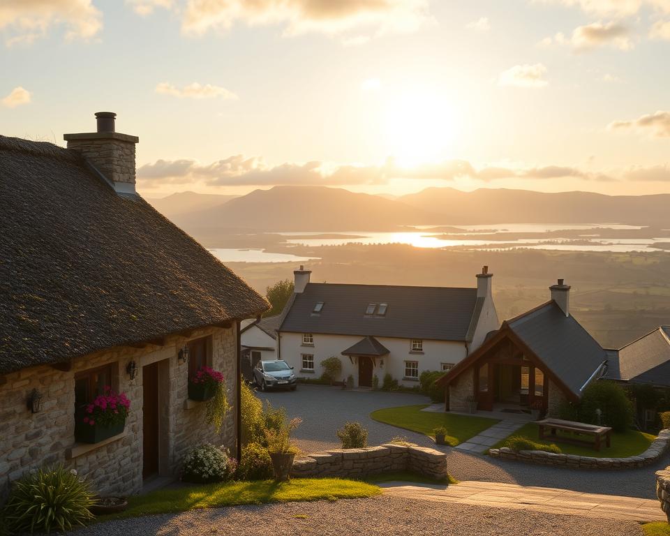 A cozy scene depicting a variety of accommodations in Connemara, Ireland, showcasing rustic cottages, charming guesthouses, and luxury hotels. In the foreground, a quaint stone cottage with a thatched roof and vibrant flower boxes. The middle ground features a stylish guesthouse with a welcoming entrance, surrounded by lush greenery. In the background, the breathtaking Connemara landscape with rolling hills and a serene lake under a soft, golden sunset. The scene is bathed in warm, inviting light, enhancing the tranquil atmosphere. The camera angle is slightly elevated, providing a sweeping view that captures the diversity of lodging options available, evoking a sense of comfort and exploration in a picturesque setting.
