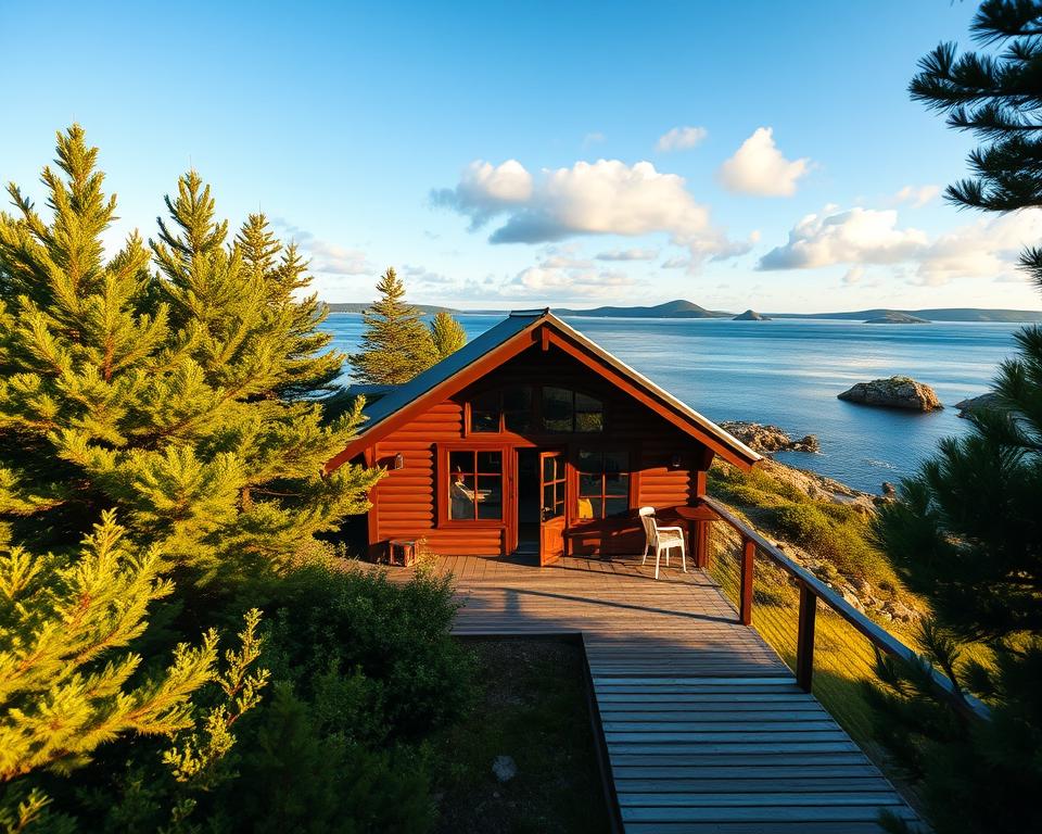 A cozy stuga nestled among lush green trees along Sweden's picturesque archipelago coast, surrounded by calm blue waters and rocky outcrops. In the foreground, a quaint wooden deck with a small table and two chairs, inviting relaxation. The middle ground features the stuga with its charming rustic design, large windows reflecting soft golden sunlight. In the background, distant islands with gently rising hills under a clear blue sky dotted with fluffy white clouds. The scene is bathed in warm, natural light, evoking a serene and inviting atmosphere, perfect for a peaceful getaway. The composition emphasizes tranquility, capturing the enchanting beauty of the Swedish coastline.