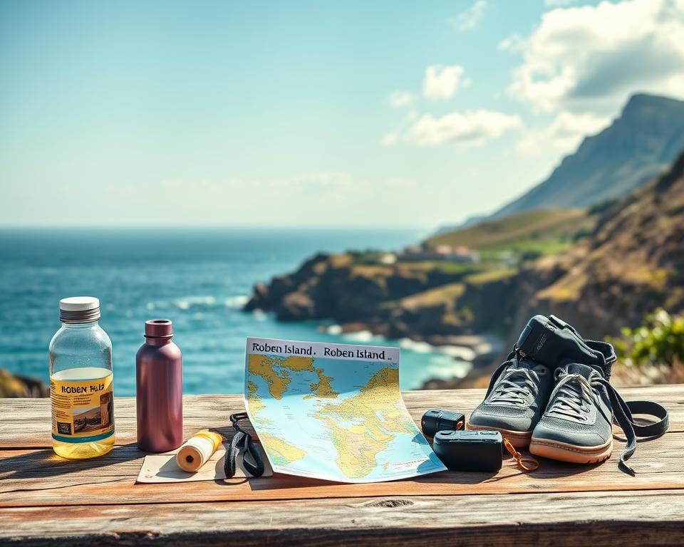 A creative pack list for a visit to Robben Island, laid out artistically on a background of the island's rugged coastline and historical prison building. In the foreground, items include a colorful map of the island, a sturdy water bottle, sunscreen, comfortable walking shoes, a camera, and a small backpack, all arranged on a weathered wooden table. The middle section features the iconic cliffs and clear ocean waters, with a hint of fauna native to the area. In the background, the silhouette of Table Mountain is visible under a bright, sunny sky, with soft, fluffy clouds. The lighting is warm and inviting, capturing a serene atmosphere, perfect for an adventure. The scene conveys a sense of exploration and history, ideal for travelers preparing for their visit.