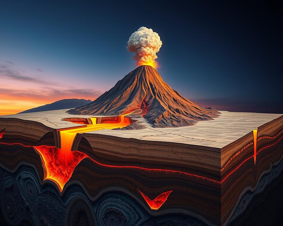 A cross-section of the Earth's crust showcasing the processes of plate tectonics and volcanism. In the foreground, vivid illustrations of tectonic plates shifting, with jagged edges and vibrant magma flowing through fractures. The middle layer reveals volcanic formations, including a towering volcano with an erupting plume of ash and lava, surrounded by rocky terrain. The background features a gradient sky transitioning from deep blues to fiery oranges, suggesting the heat of molten rock beneath the surface. Soft, dramatic lighting highlights the textures of the Earth's layers, emphasizing depth and movement. The atmosphere conveys a sense of dynamism and raw geological power, inviting viewers to explore the forces shaping our planet. No text or watermarks included. A cross-section of the Earth's crust showcasing the processes of plate tectonics and volcanism. In the foreground, vivid illustrations of tectonic plates shifting, with jagged edges and vibrant magma flowing through fractures. The middle layer reveals volcanic formations, including a towering volcano with an erupting plume of ash and lava, surrounded by rocky terrain. The background features a gradient sky transitioning from deep blues to fiery oranges, suggesting the heat of molten rock beneath the surface. Soft, dramatic lighting highlights the textures of the Earth's layers, emphasizing depth and movement. The atmosphere conveys a sense of dynamism and raw geological power, inviting viewers to explore the forces shaping our planet. No text or watermarks included.