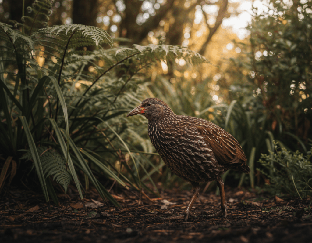 A curious weka woodhen stands prominently in the foreground, showcasing its robust body adorned with rich brown and black feathers, speckled with lighter tones. The weka, characterized by its long legs and distinctive, curved beak, is depicted mid-strut, capturing its inquisitive nature. In the middle ground, lush greenery and ferns create a natural habitat, while hints of native New Zealand flora peek through, enhancing the scene's authenticity. In the background, soft, dappled sunlight filters through a canopy, casting gentle highlights and shadows on the ground, adding depth to the image. The atmosphere is vibrant yet serene, evoking the beauty of New Zealand's wilderness. Shot from a low angle to emphasize the bird's stature and environment, ensuring a captivating and immersive view of this flightless wonder.