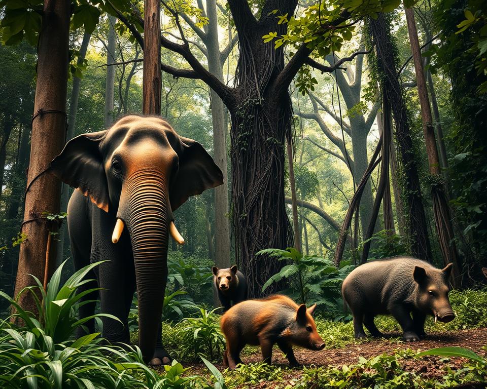 A dense, vibrant jungle scene in Thailand, showcasing dangerous mammals native to the region. In the foreground, a striking Asian elephant stands amidst lush greenery, its powerful frame capturing attention. Near the elephant, a stealthy sun bear peers from behind a thick tree trunk, its sharp claws visible. In the middle ground, a large wild boar roams freely, rooted in the rich underbrush. The background features tall, shadowy trees draped in vines, with dappled sunlight filtering through the leaves, casting intricate patterns on the forest floor. The atmosphere is tense and wild, evoking a sense of danger and raw nature. The image is captured with a slightly low angle to emphasize the size of the animals while maintaining a warm color palette to enhance the lushness of the jungle. A dense, vibrant jungle scene in Thailand, showcasing dangerous mammals native to the region. In the foreground, a striking Asian elephant stands amidst lush greenery, its powerful frame capturing attention. Near the elephant, a stealthy sun bear peers from behind a thick tree trunk, its sharp claws visible. In the middle ground, a large wild boar roams freely, rooted in the rich underbrush. The background features tall, shadowy trees draped in vines, with dappled sunlight filtering through the leaves, casting intricate patterns on the forest floor. The atmosphere is tense and wild, evoking a sense of danger and raw nature. The image is captured with a slightly low angle to emphasize the size of the animals while maintaining a warm color palette to enhance the lushness of the jungle.