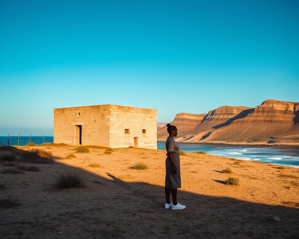 A desolate landscape of Robben Island, emphasizing its historical significance as a site of banishment and social exclusion. In the foreground, a weathered stone prison building stands starkly against the bright blue sky, surrounded by sparse vegetation and remnants of old fencing. The middle ground features a solitary figure dressed in modest attire, gazing thoughtfully at the prison, symbolizing reflection and resilience. The background showcases the rugged coastline, with pale cliffs meeting the ocean waves, hinting at the isolation and harsh conditions endured by those confined. The lighting is warm and soft, casting long shadows that evoke a somber yet hopeful atmosphere. The overall mood conveys a blend of historical weight and silent strength, inviting contemplation of the past.