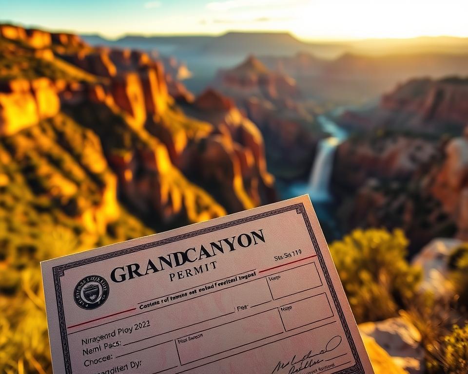 A detailed Grand Canyon permit displayed prominently in the foreground, showcasing its rich texture and colors, with a focus on the official seal and signature area. In the middle ground, elements of the rugged Grand Canyon landscape, with majestic cliffs and vibrant rock formations under the warm glow of the golden hour sunlight. The background features a distant view of the cascading waterfall, creating a serene atmosphere, surrounded by lush vegetation. The lighting casts soft shadows, enhancing the natural beauty of this iconic location. The scene is captured with a wide-angle lens to convey depth and grandeur, evoking a sense of adventure and respect for nature. The overall mood is inspiring and inviting, appealing to those seeking to explore this natural wonder respectfully. A detailed Grand Canyon permit displayed prominently in the foreground, showcasing its rich texture and colors, with a focus on the official seal and signature area. In the middle ground, elements of the rugged Grand Canyon landscape, with majestic cliffs and vibrant rock formations under the warm glow of the golden hour sunlight. The background features a distant view of the cascading waterfall, creating a serene atmosphere, surrounded by lush vegetation. The lighting casts soft shadows, enhancing the natural beauty of this iconic location. The scene is captured with a wide-angle lens to convey depth and grandeur, evoking a sense of adventure and respect for nature. The overall mood is inspiring and inviting, appealing to those seeking to explore this natural wonder respectfully.