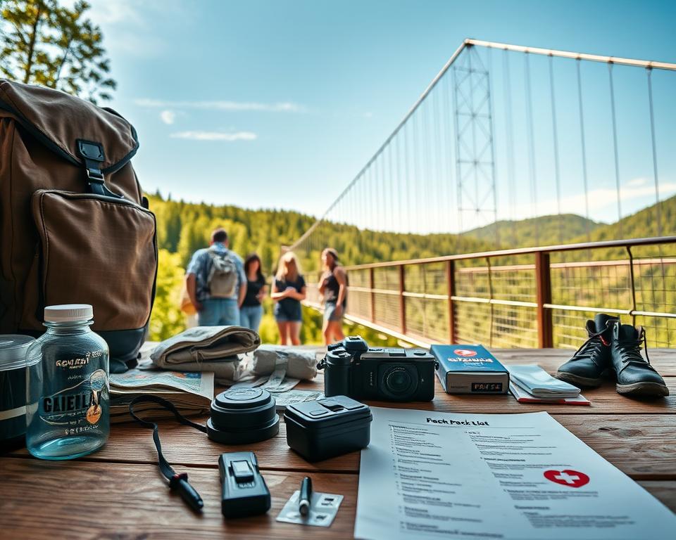 A detailed and organized pack list scene for visiting the Geierlay suspension bridge. In the foreground, a neatly arranged pack list spread out on a rustic wooden table includes essentials: a sturdy backpack, a water bottle, maps, hiking boots, a camera, snacks, and a first aid kit. In the middle ground, a cheerful family prepares for their trip, wearing comfortable outdoor clothing. The background showcases the stunning Geierlay Hängeseilbrücke, with its long, swaying structure stretching over lush green trees beneath a bright blue sky. Soft, warm lighting creates an inviting atmosphere, emphasizing excitement and adventure as they prepare for their journey ahead. The angle captures both the detail of the pack list and the expansive view of the bridge, inviting viewers to join in on the fun.