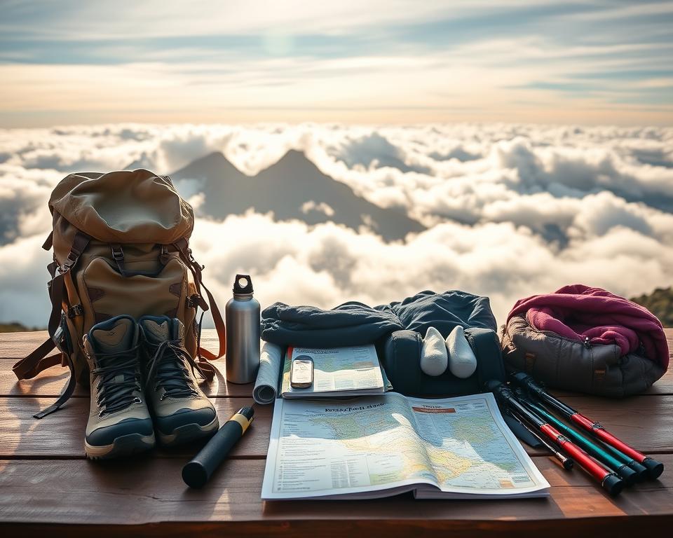 A detailed and organized packing list for hiking on Pico do Arieiro, Madeira, featuring essential gear laid out on a wooden table in the foreground. The list includes sturdy hiking boots, a durable backpack, a water bottle, a map, trekking poles, and warm clothing, all arranged aesthetically to emphasize the outdoor adventure theme. In the middle ground, display a scenic view of Pico do Arieiro with dramatic peaks and clouds, capturing the natural beauty of Madeira. In the background, soft sunlight filters through the clouds, creating a warm and inviting atmosphere. The focus should be sharp on the packing items, while the background offers a slightly blurred, dreamy effect, enhancing the mood of exploration and readiness for adventure.